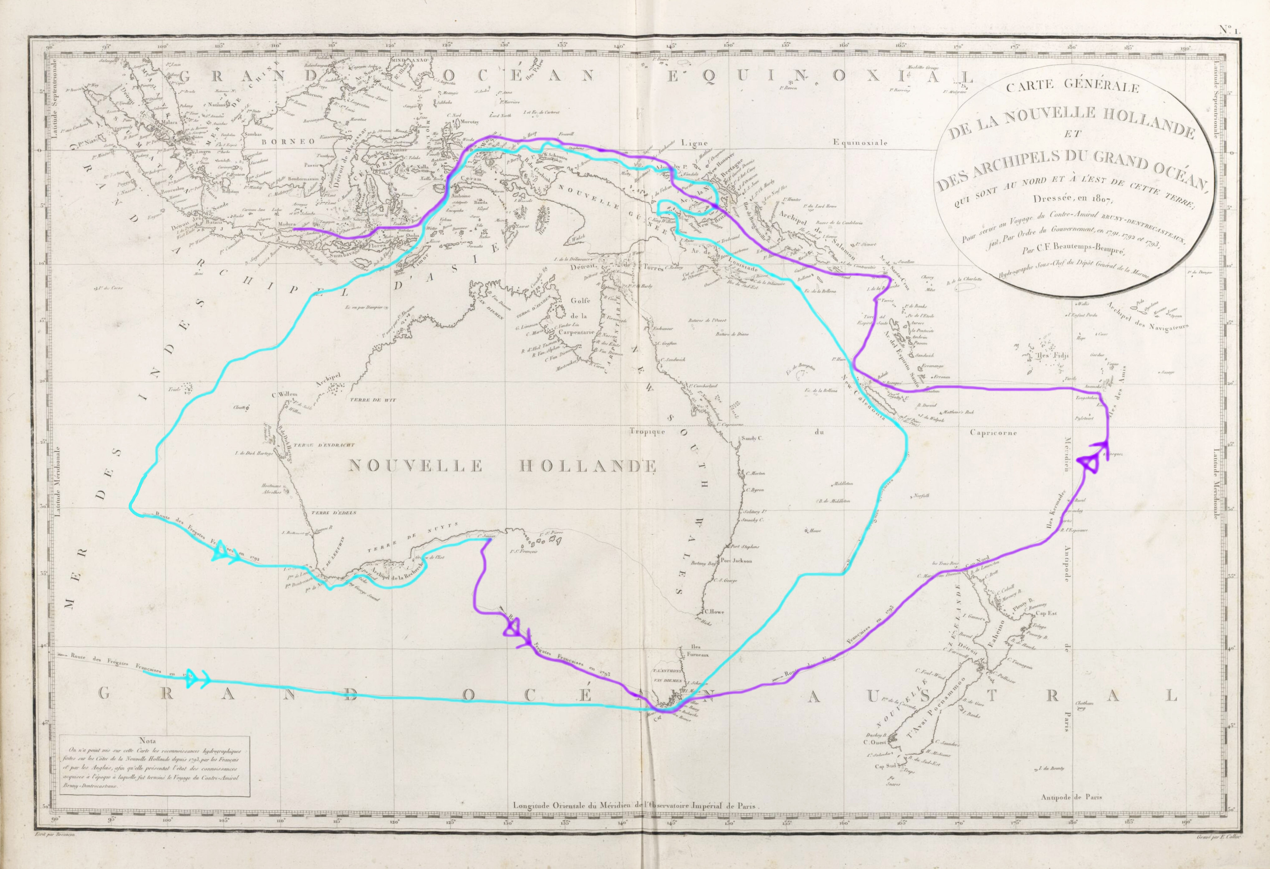 Map by Beautemps-Beaupré showing voyage tracks